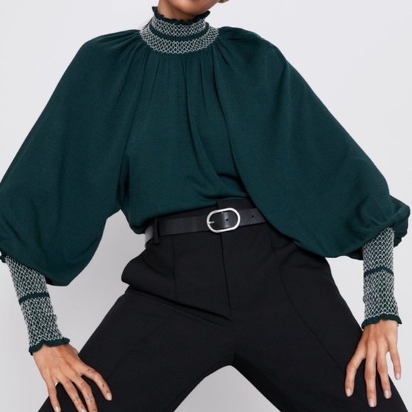 Zara Tops - ZARA Green Smocked High Neck Balloon Sleeve Top Blouse Holidays Pullover ~ Small